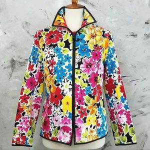 LAURA ASHLEY Colorful Floral Moto Jacket w/ Polka Dot Lining
